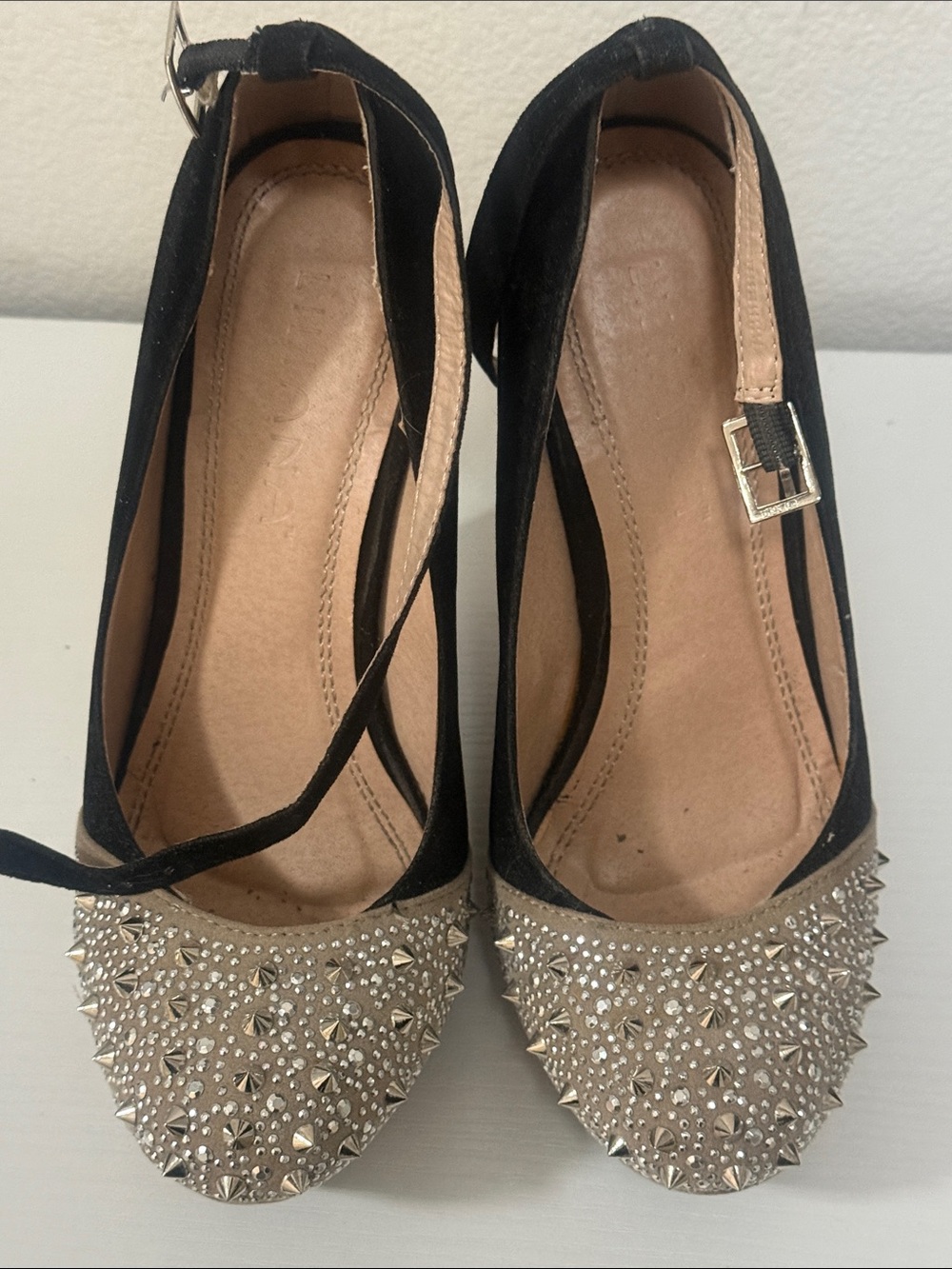 Source Unknown Black and Taupe Studded Ankle-Strap Flats